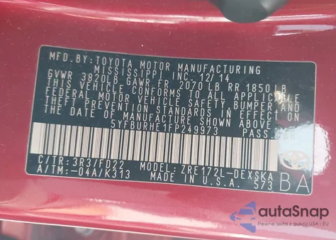 2015 Toyota Corolla S Plus z USA, uszkodzony, nr VIN 5YFBURHE1FP249973